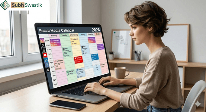 Person using a social media calendar on a laptop, planning content for the week with a strategic timeline.
